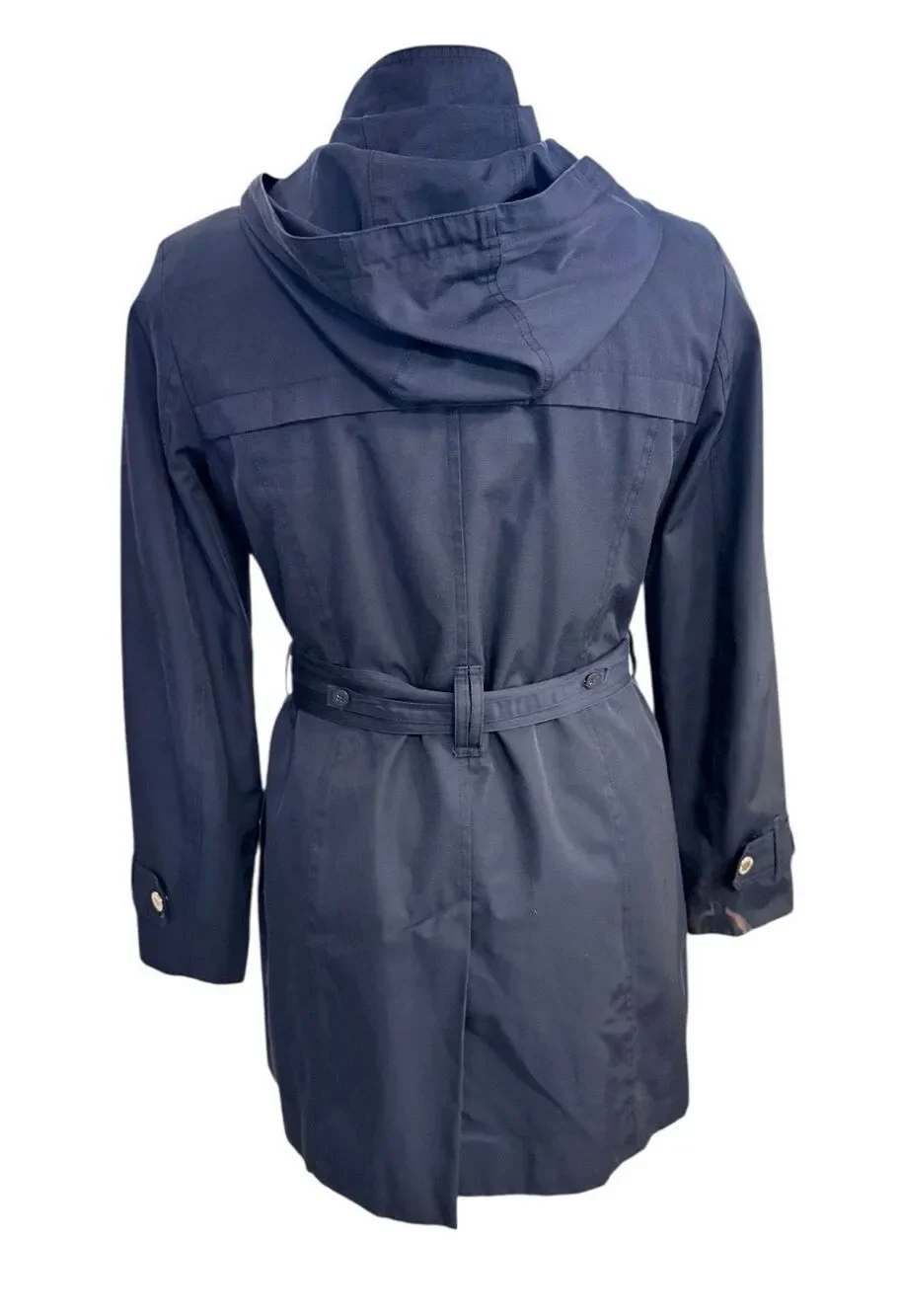 London Fog Hooded Belted Zip Front Raincoat Navy Blue Sz. Small Classic
